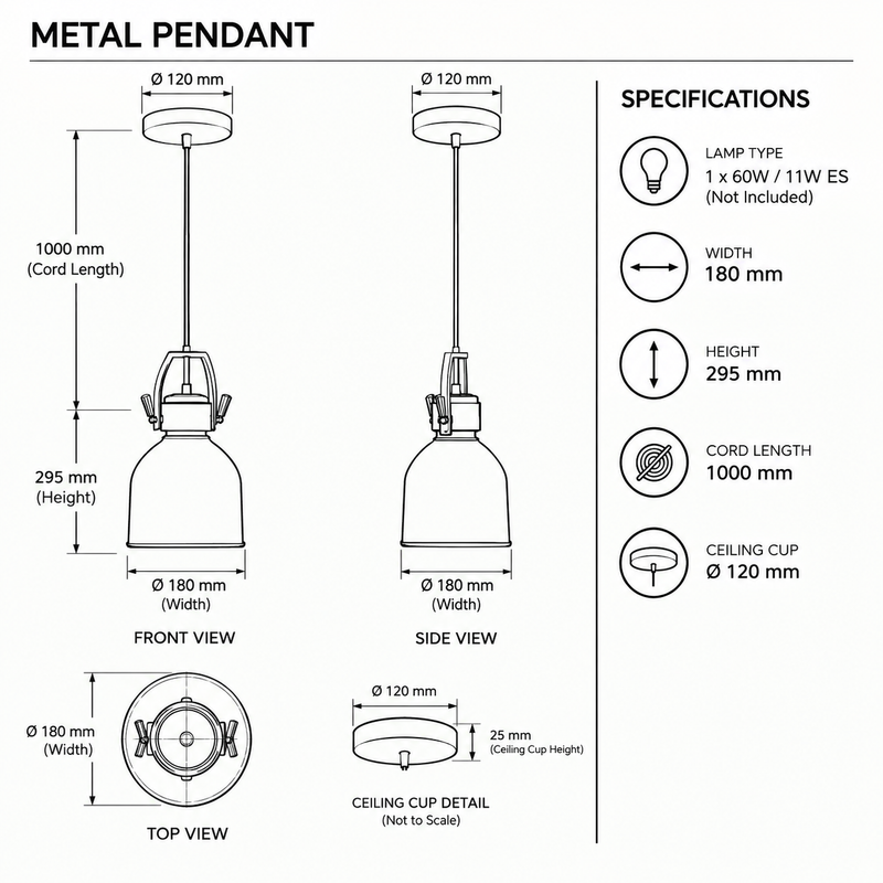 Brightstar-PEN590 BLACK Pendent Light-Product dimensions-Mr Smart Lighting Company.