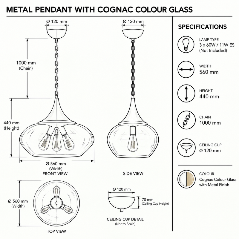 Brightstar-PEN603 COGNAC Pendent Light-product dimension-Mr Smart Lighting Company