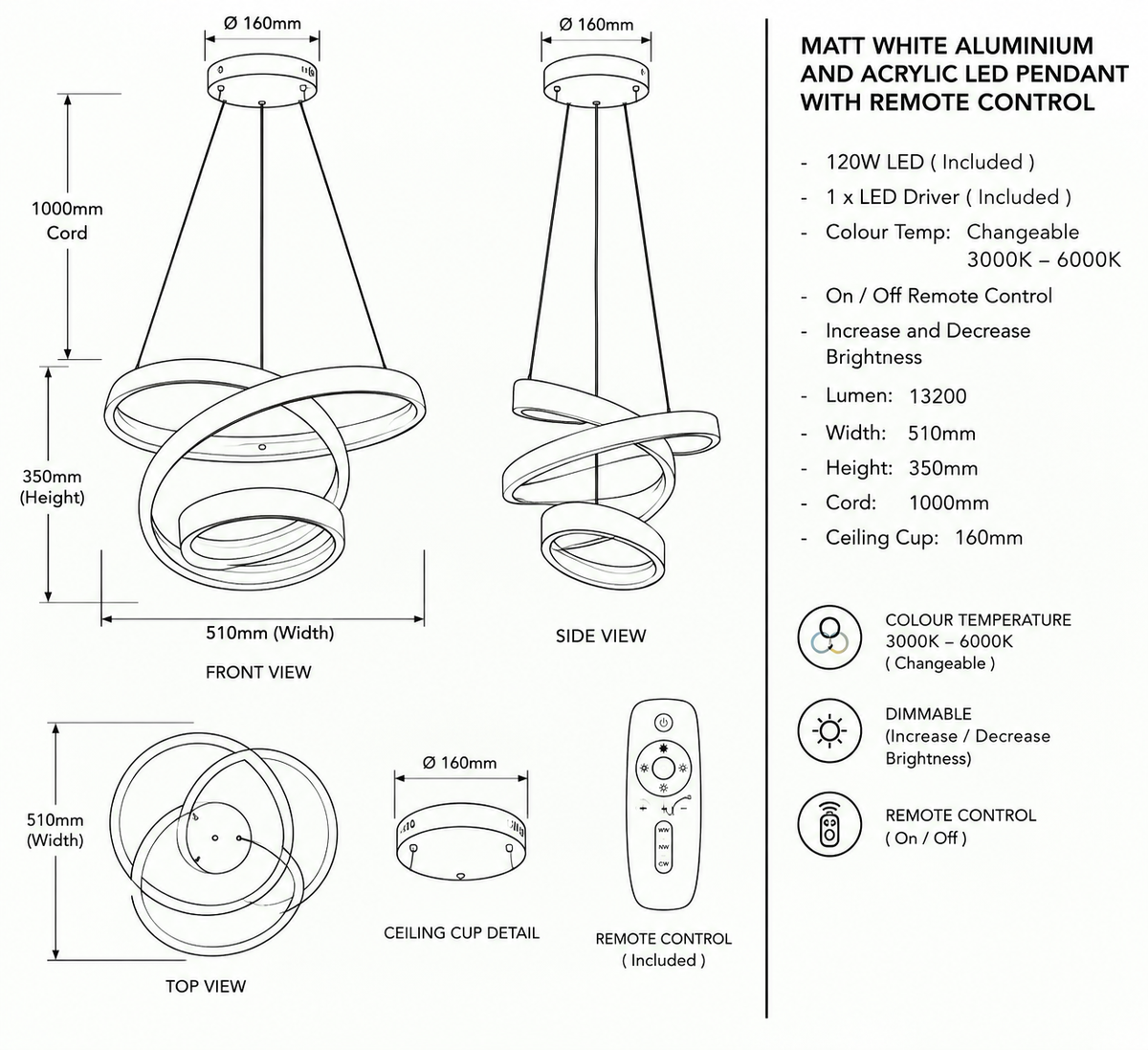 Brightstar-PEN617 WHITE Pendent Light 3CCT-Product Dimensions-Mr Smart Lighting Company.