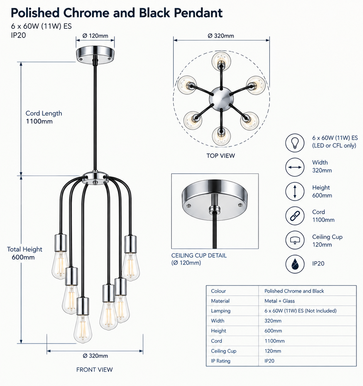 Brightstar-PEN621/6 CHROME/BLACK Pendent Light-Product dimensions-Mr Smart Lighting Company.