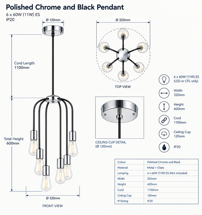 Brightstar-PEN621/6 CHROME/BLACK Pendent Light.