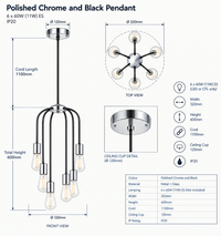 Brightstar-PEN621/6 CHROME/BLACK Pendent Light-Product dimensions-Mr Smart Lighting Company.