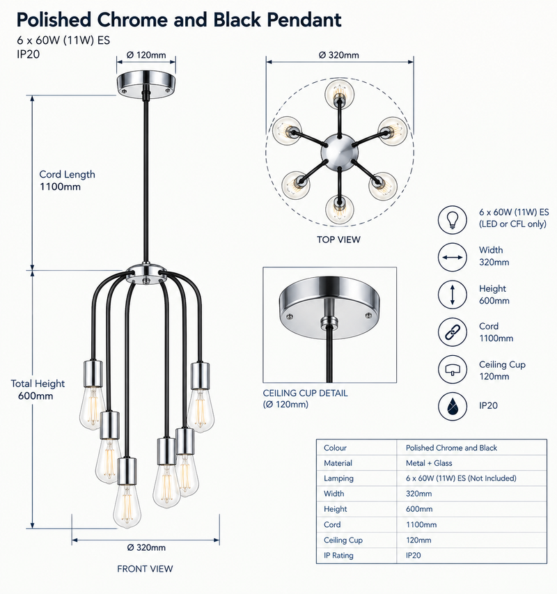 Brightstar-PEN621/6 CHROME/BLACK Pendent Light-Product dimensions-Mr Smart Lighting Company.