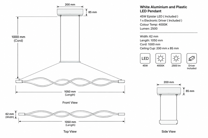 Brightstar-PEN732 LED 4000K Pendent Light-product dimensions-Mr Smart Lighting Company.