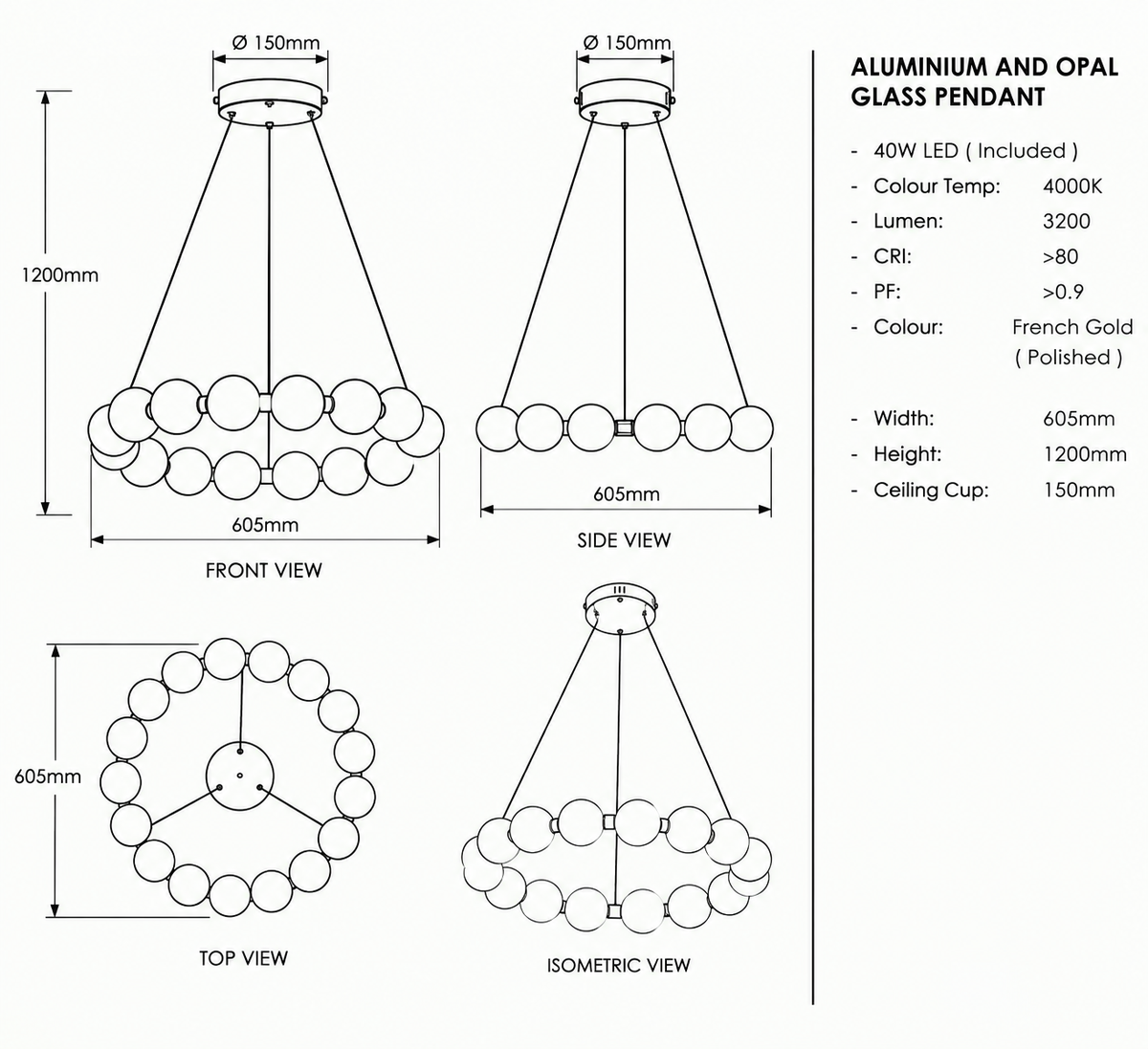 Brightstar-PEN794/12 GOLD Pendent Light-Product dimensions-Mr Smart Lighting Company