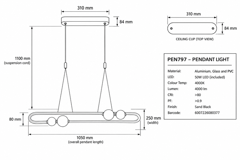 Brightstar-PEN797 BLACK Pendent Light-4000K-Product Dimensions-Mr Smart Lighting Company.