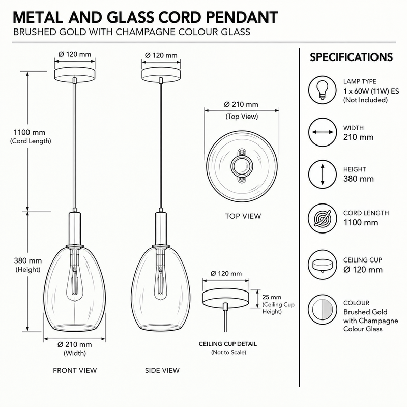 Brightstar-PEN891 CHAMPAGNE Pendent Light-Product dimension-Mr Smart Lighting  Company