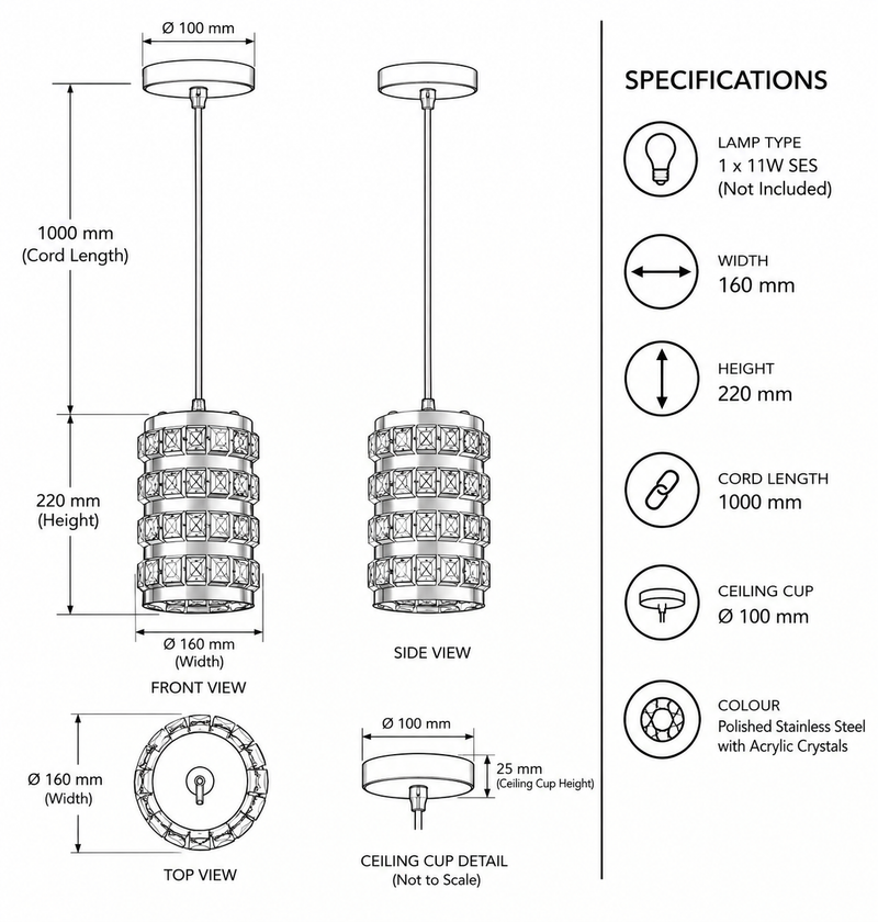 Brightstar-PEN908 CHROME Pendent Light-Product dimensions-Mr Smart Lighting Company