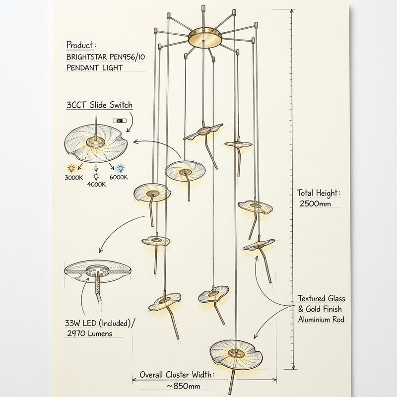 Brightstar-PEN956/10 3CCT Pendent Light-Product dimensions-Mr Smart Lighting Company.