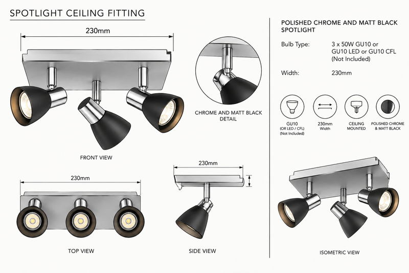 Brightstar-S056/3 BLACK Tracklight-Product dimensions-Mr Smart Lighting Company.