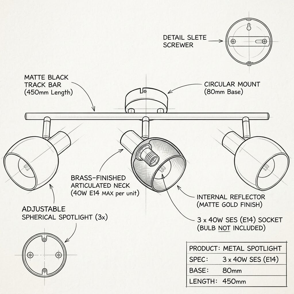 Brightstar-S417/3 BK/GD Spotlight-Product dimensions-Mr Smart Lighitng Company.