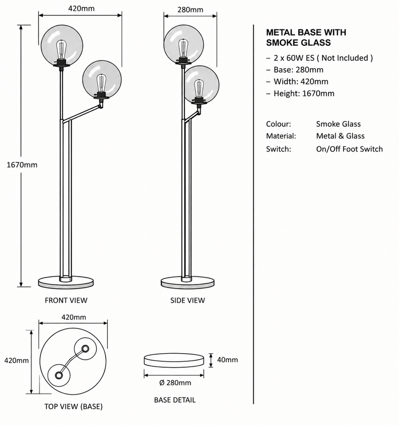 Brightstar-SL072 Black Standing Lamp-Product Dimensions-Mr Smart Lighting Company.
