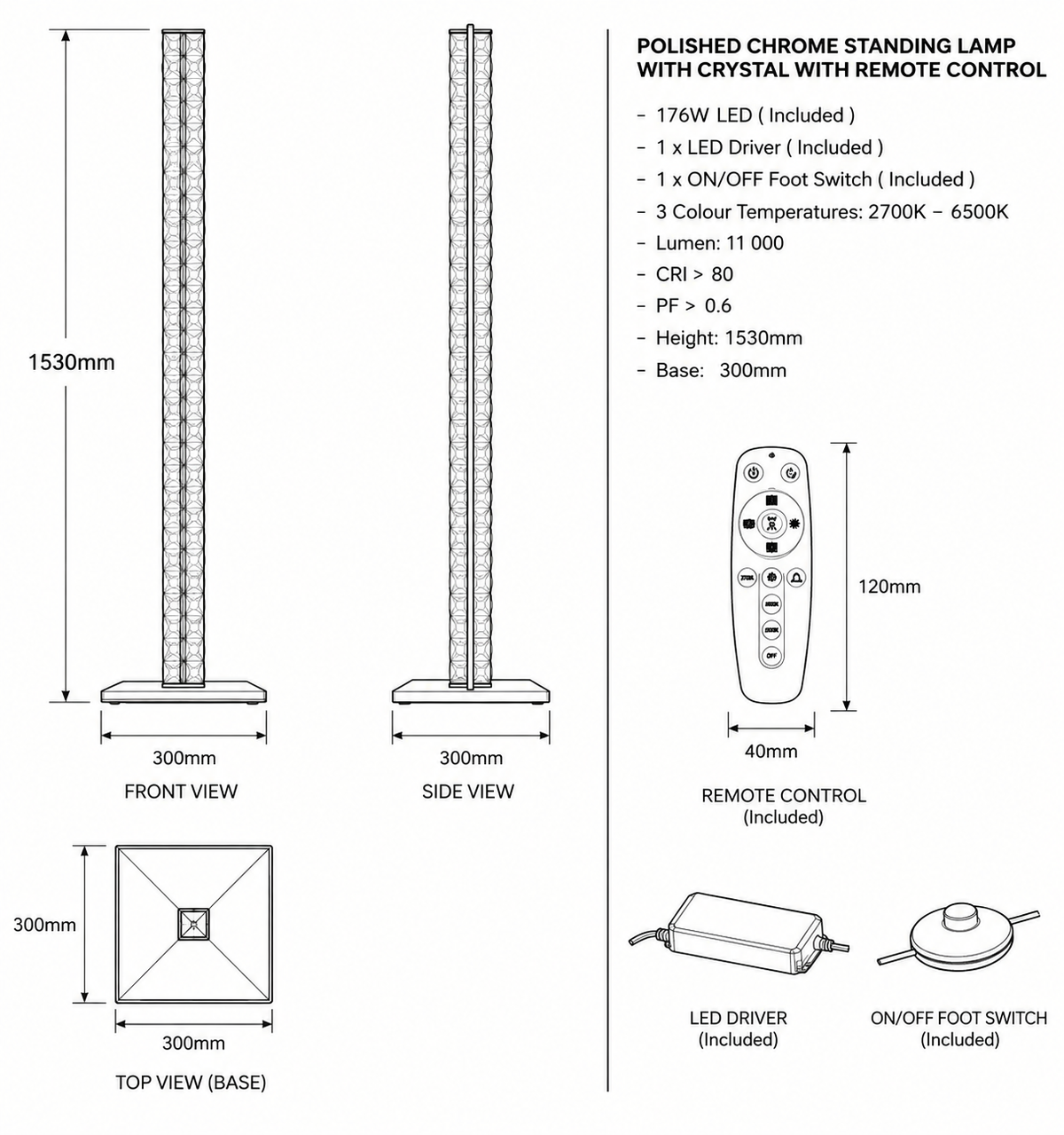 Brightstar-SL095 CRYSTAL Standing Lamp with remote controller 3CCT-product dimensions-Mr Smart Lighting Company