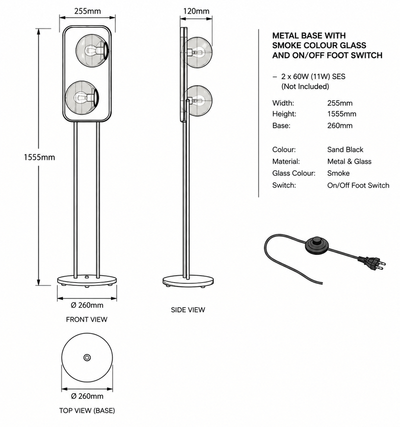 Brightstar-SL417 BLACK Standing Lamp-Product Dimensions-Mr Smart Lighting Company.