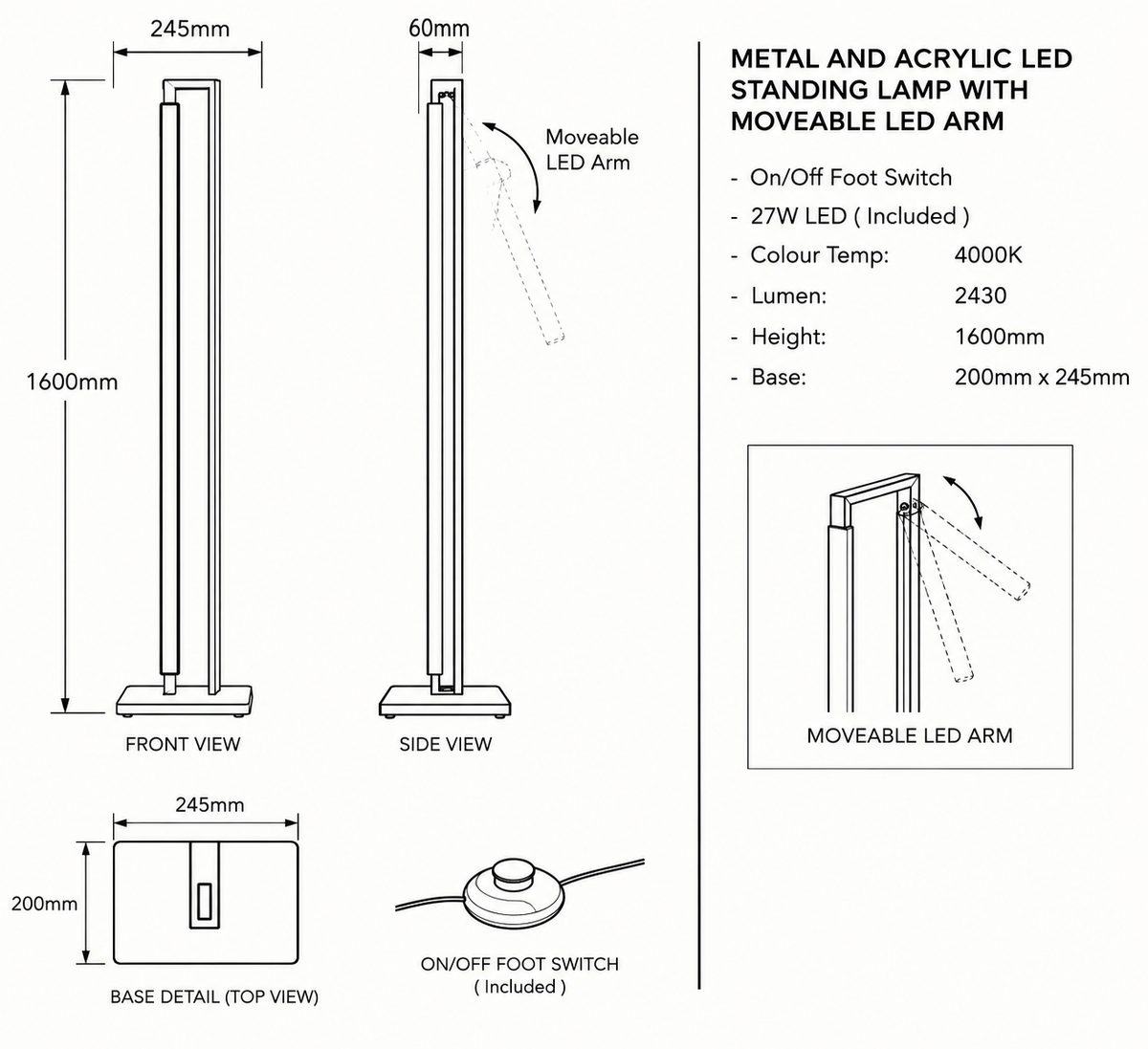 Brightstar-SL421 BLACK Standing Lamp-4000K-Product diagram-Mr Smart Lighting Company.