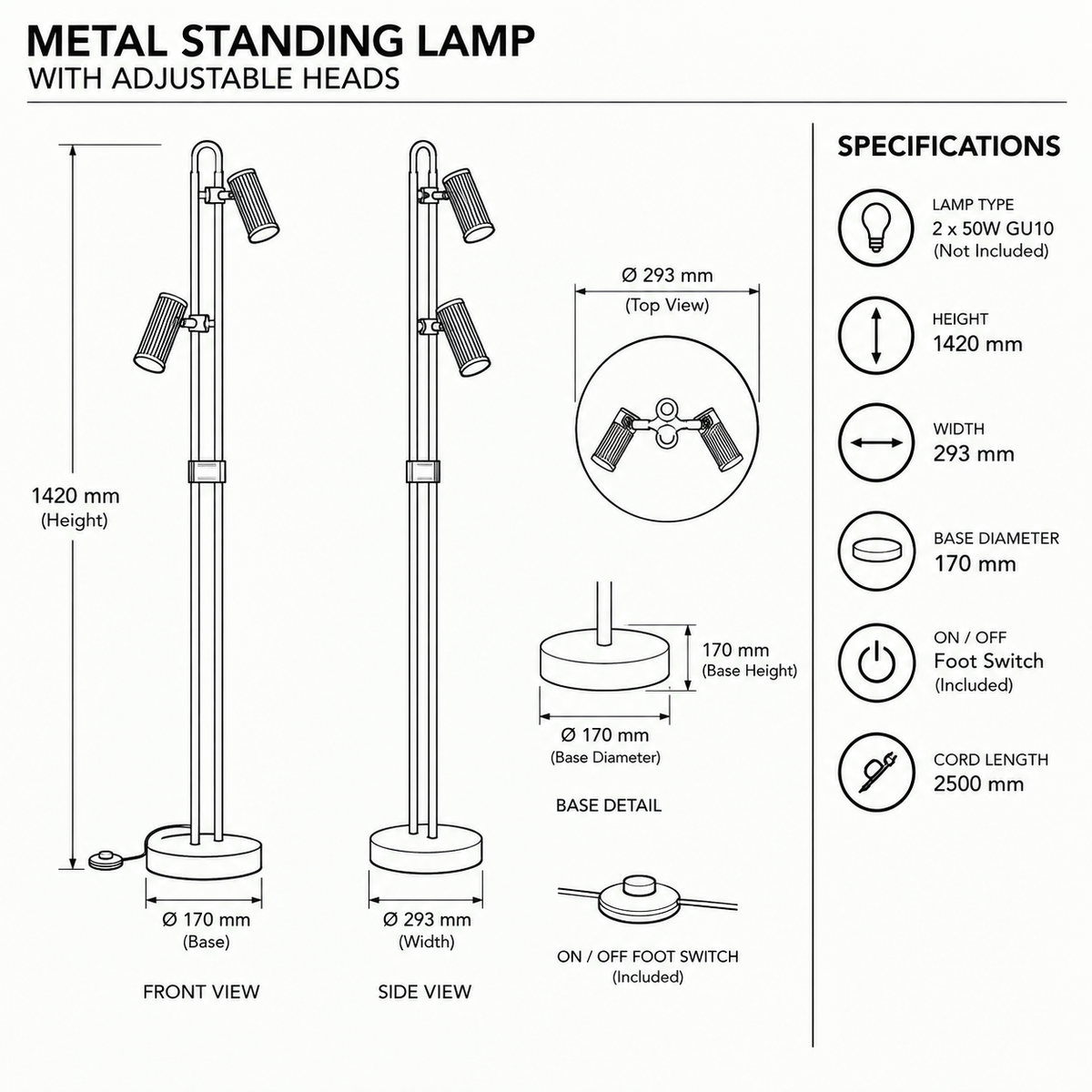 Brightstar-SL440 BK/GD Standing Lamp-Product Dimensions-Mr Smart Lighting Company
