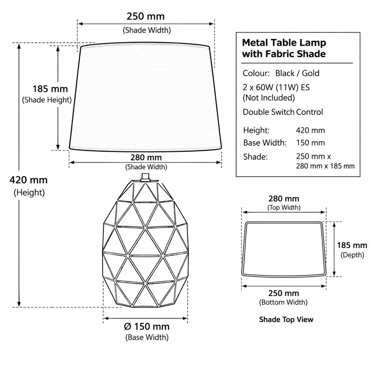 Brightstar-TL099 BLACK Table Lamp-Product dimensions-Mr Smart Lighting Company.