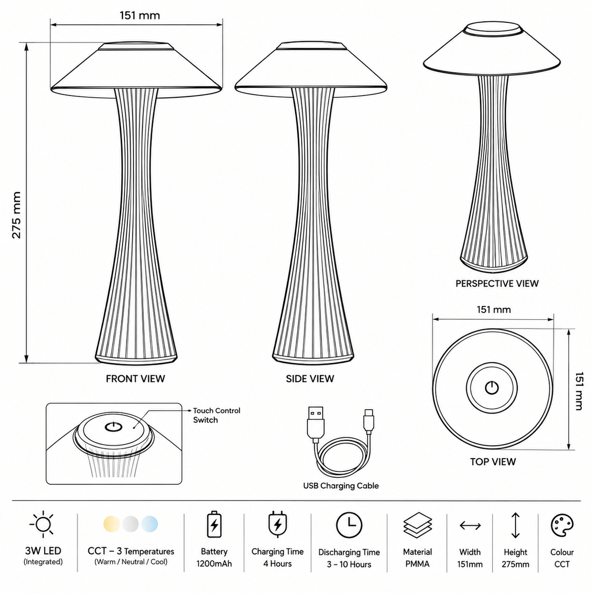 Brightstar-TL657 GREY Table Lamp 3CCT-Product Dimensions-Mr Smart Lighting Company.