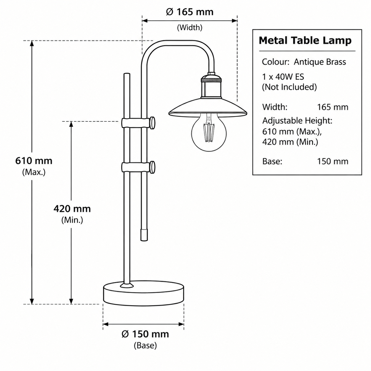 Brightstar-TL673 ANTIQUE Table Lamp-Product Dimensions-Mr Smart Lighting Company.