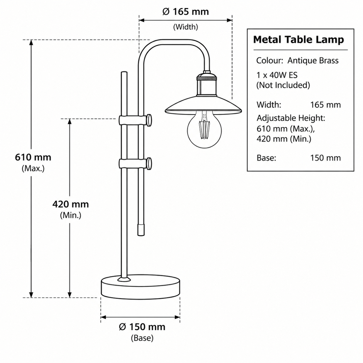 Brightstar-TL673 ANTIQUE Table Lamp-Product Dimensions-Mr Smart Lighting Company.