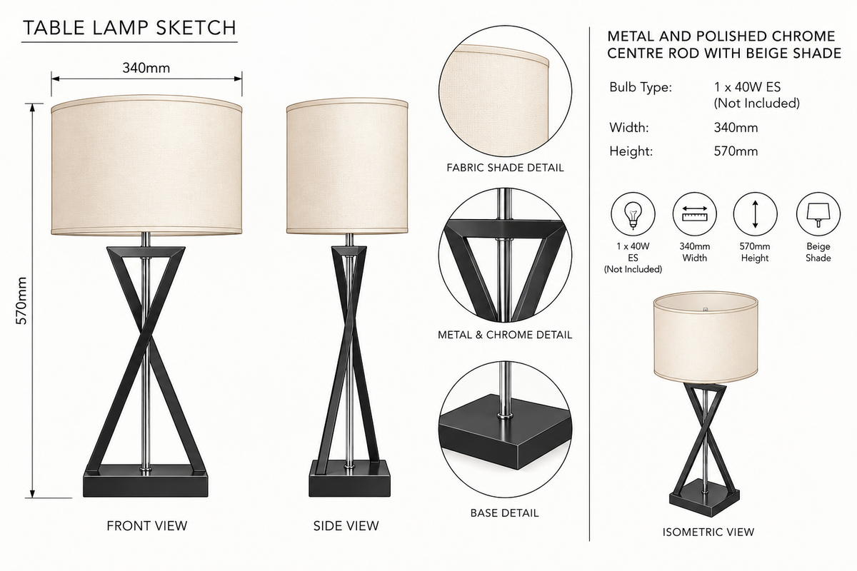 Brightstar-TL695 BLACK Table Lamp-Product dimensions-Mr Smart Lighting Company.