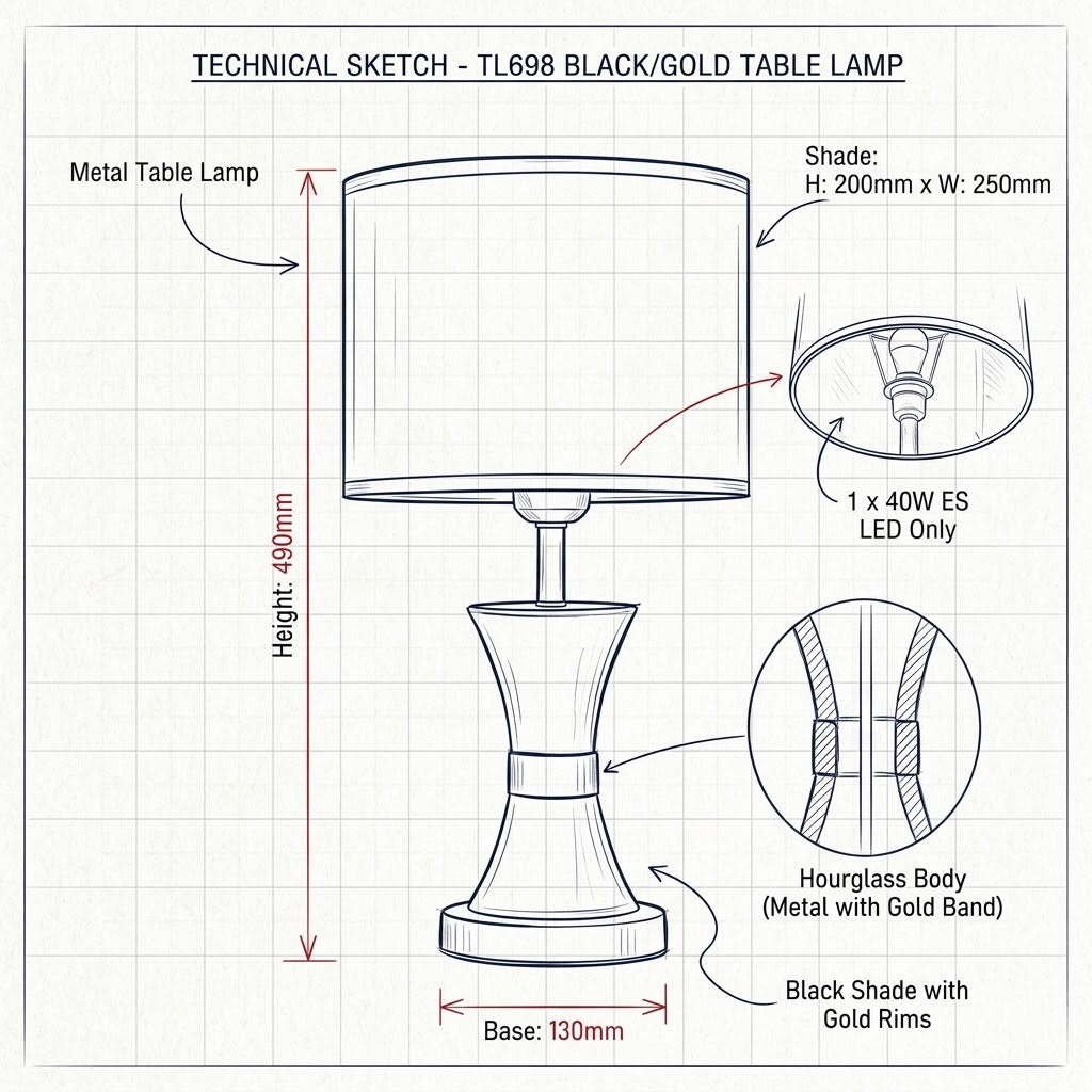 Brightstar-TL698 BLACK/GOLD Table Lamp-drawing-Mr Smart Lighting Company
