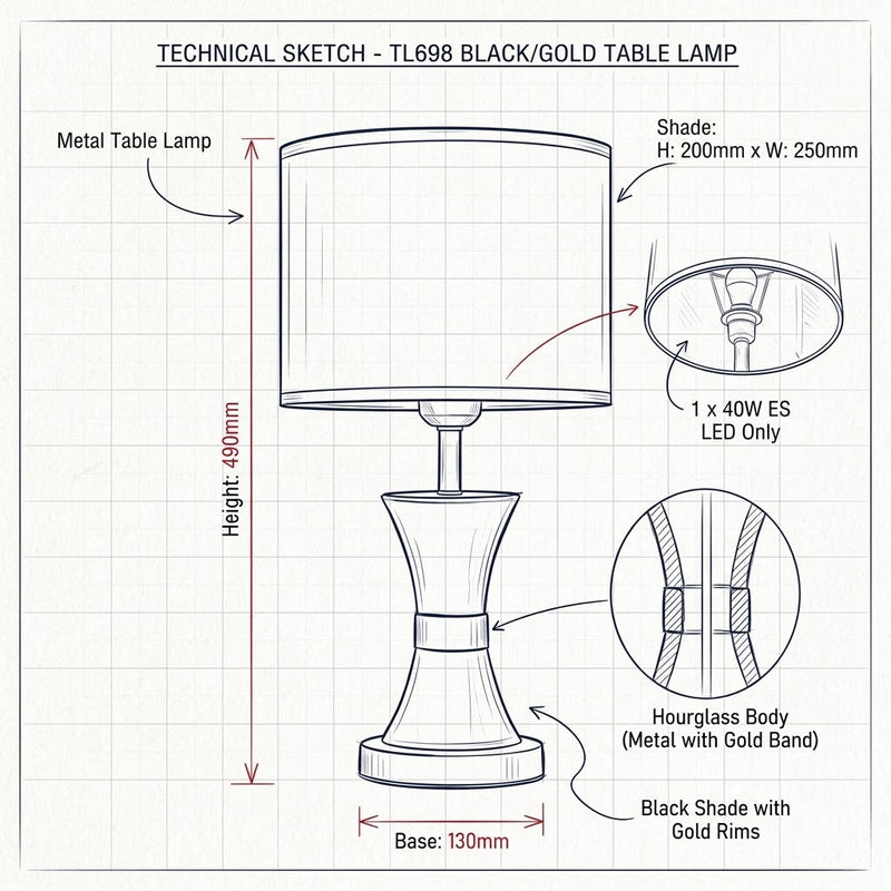 Brightstar-TL698 BLACK/GOLD Table Lamp-drawing-Mr Smart Lighting Company
