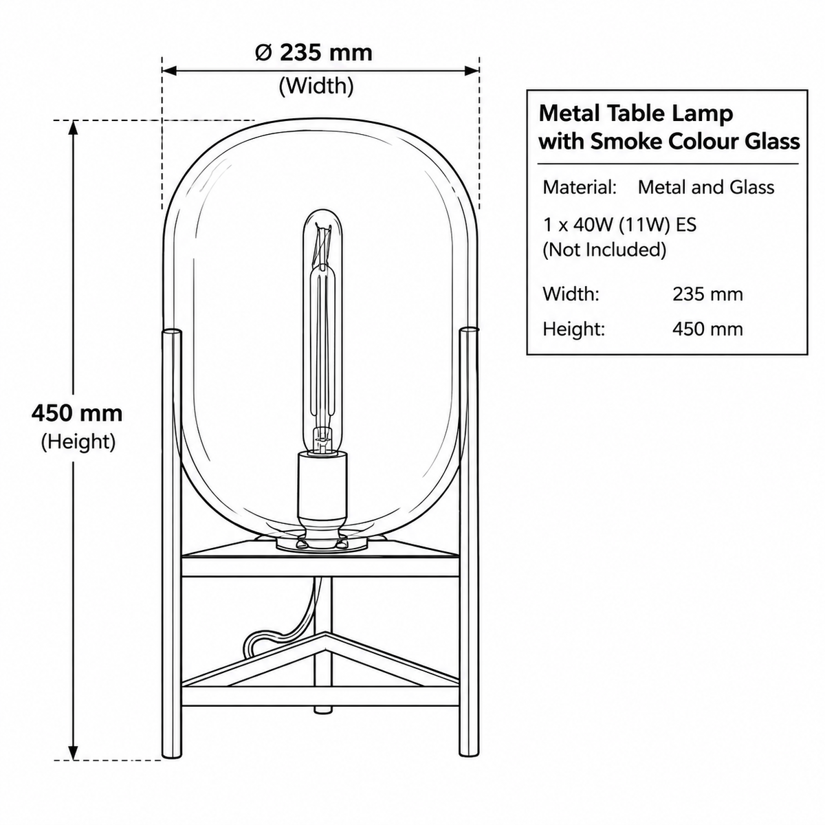 Brightstar-TL818 SMOKE Table Lamp-Product dimensions-Mr Smart Lighting Company