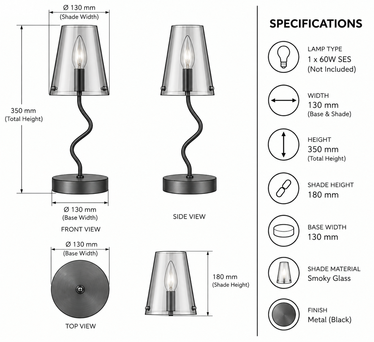 Brightstar-TL823 MATT BLACK Table Light-Product Dimensions-Mr Smart Lighting company.