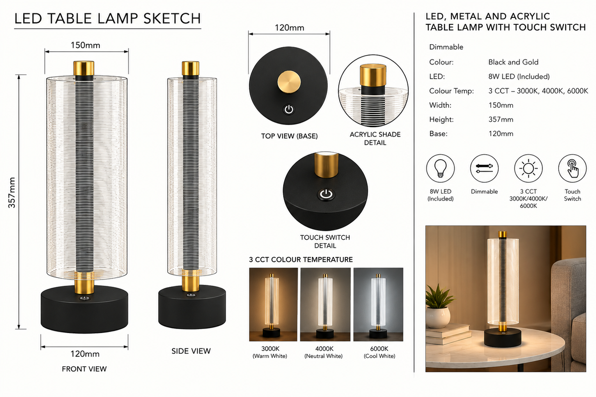 Brightstar-TL844 BLACK Table Light 8W 3CCT-Product dimensions-Mr Smart Lighting Company