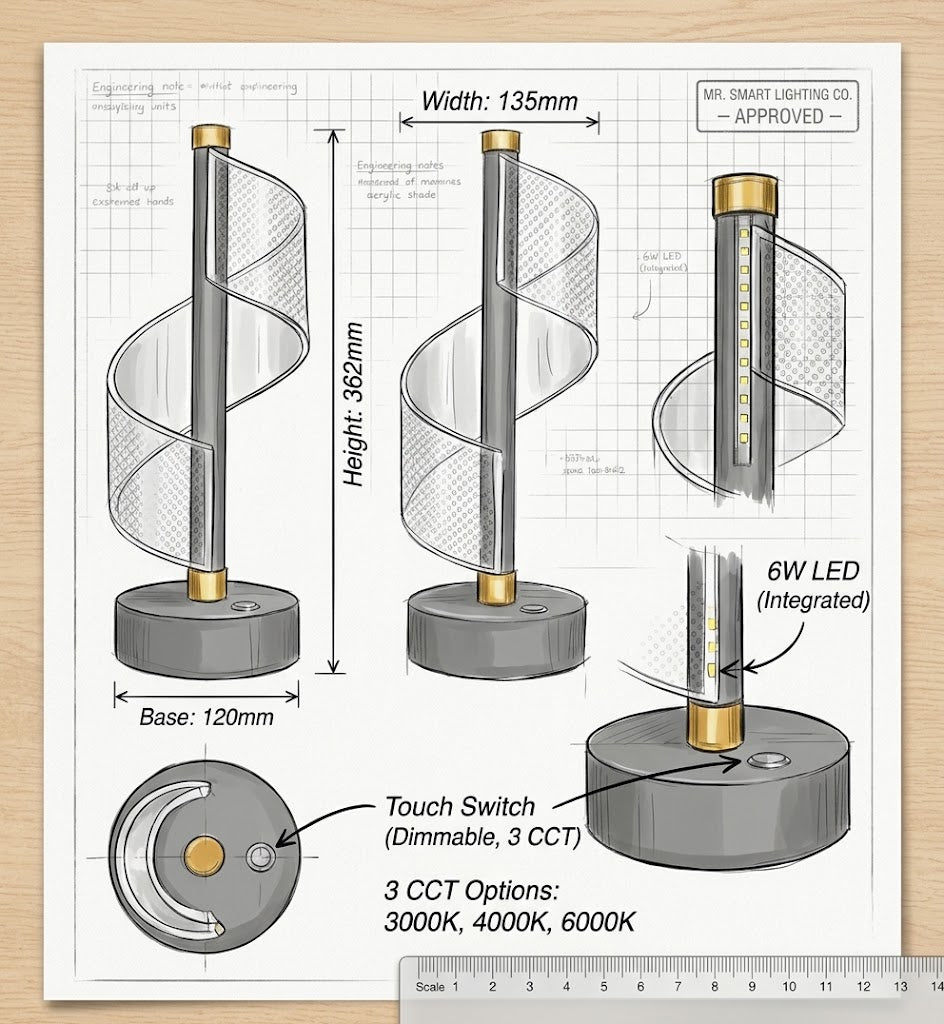 Brightstar-TL845 GREY Table Lamp 3CCT-Prouct dimensions-Mr Smart Lighting Company