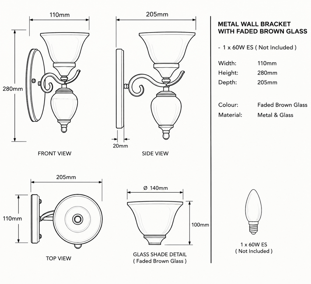 Brightstar-WB108/1 RUST Wall Lamp-Product Dimensions-Mr Smart Lighting Company