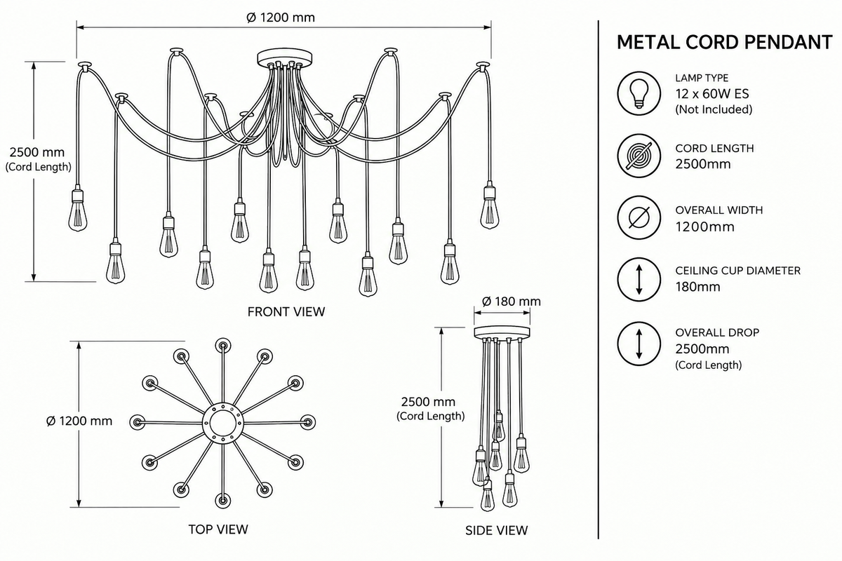 Brightstar- Metal Cord PEN453/12 Black-Pendent Light-Product dimensions-Mr Smart Lighting Company.
