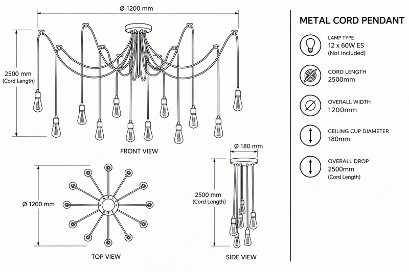 Brightstar- Metal Cord PEN453/12 Black-Pendent Light-Product dimensions-Mr Smart Lighting Company.