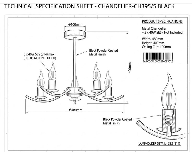 Brightstar-CH395/5 BLACK Chandelier.