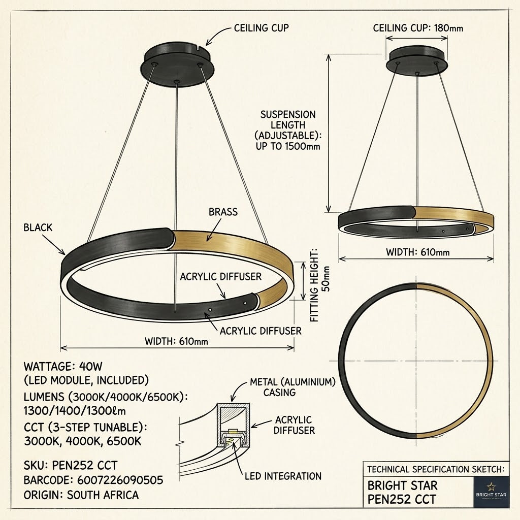 Brightstar PEN252 3CCT 40W LED CCT Metal Aluminum and Acrylic Pendant-Product dimensions-Mr Smart Lighting Company