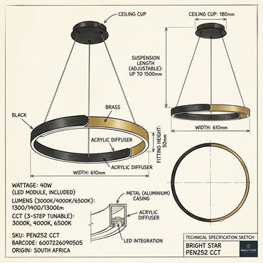 Brightstar PEN252 3CCT 40W LED CCT Metal Aluminum and Acrylic Pendant