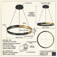 Brightstar PEN252 3CCT 40W LED CCT Metal Aluminum and Acrylic Pendant-Product dimensions-Mr Smart Lighting Company
