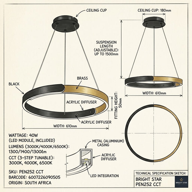 Brightstar PEN252 3CCT 40W LED CCT Metal Aluminum and Acrylic Pendant-Product dimensions-Mr Smart Lighting Company