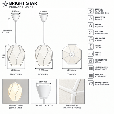 Brightstar PEN803 WHITE Plastic and Fabric Pendant White