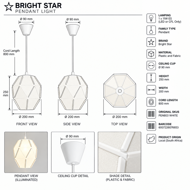 Brightstar PEN803 WHITE Plastic and Fabric Pendant White-Product dimensions-Mr Smart lighting Company