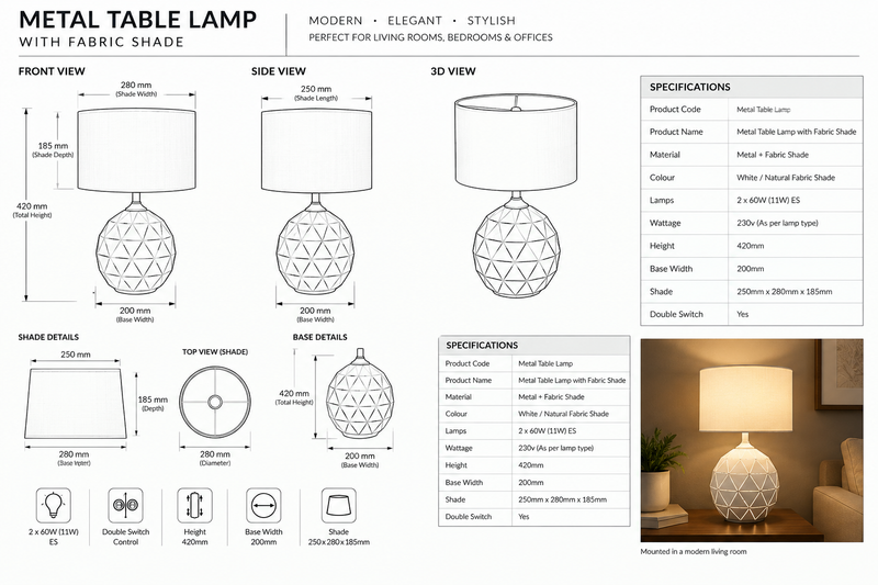 Brightstar TABLE LAMP-TL100 WHITE-Product dimensions-Mr Smart Lighting Company.