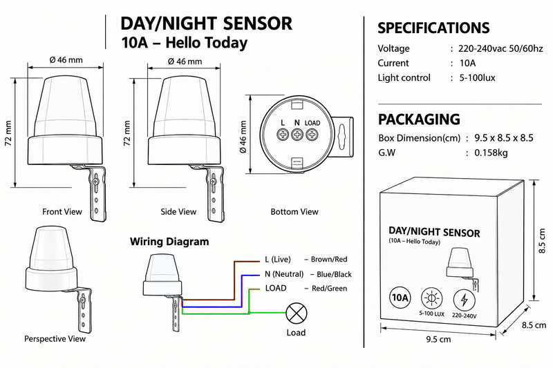 Day/night Sensor 10A-Product dimensions-Mr Smart Lighting Company