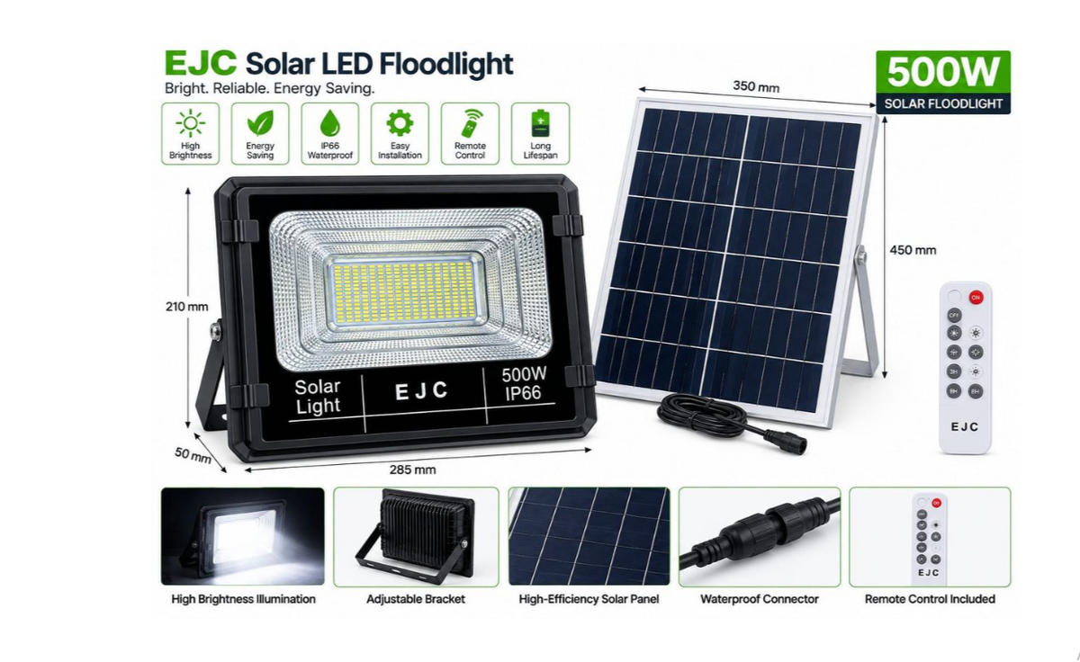 EJC 500W Solar LED Floodlight IP66-6500K-Product dimensions-Mr Smart Lighting Company