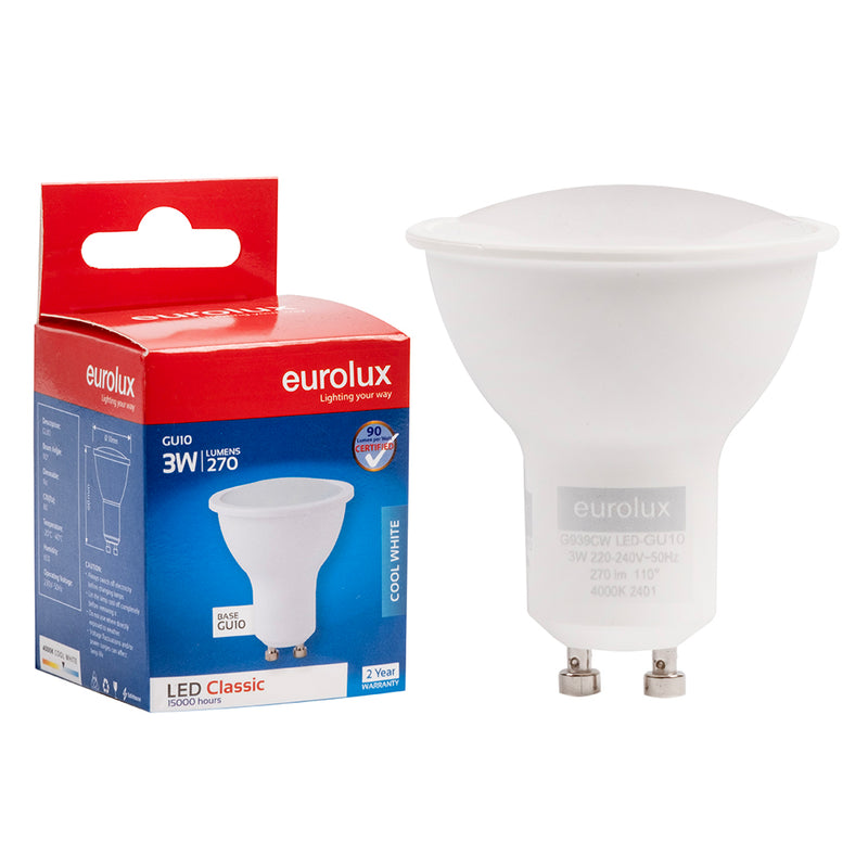 EUROLUX 3W GU10 Cool White 4000K Downlight globe.