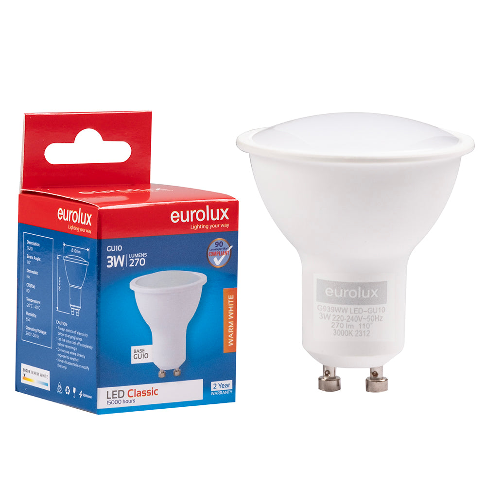 EUROLUX 3W GU10 Warm White 3000K Downlight Globe LED Bulb for Home Lighting South Africa
