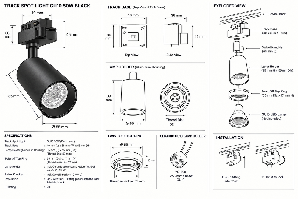 Eurolux-PR607B Track Spot Light GU10 50w Black.