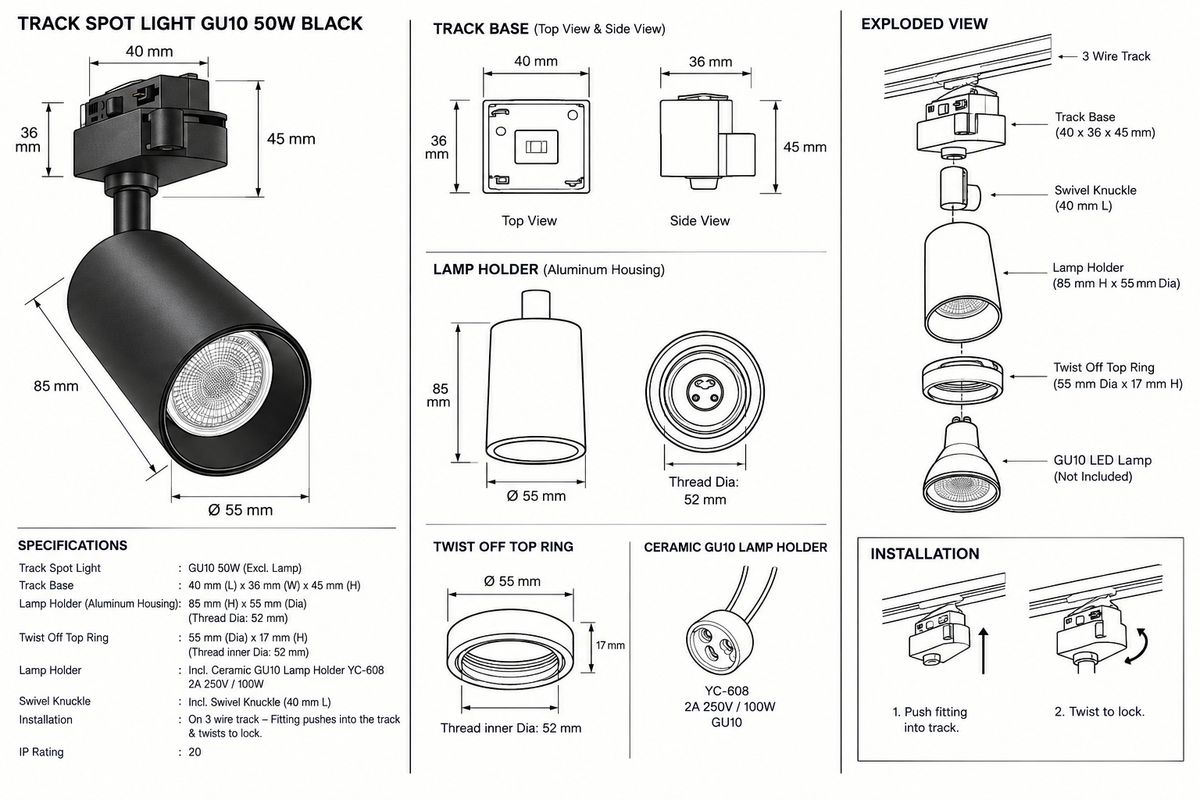 Eurolux-PR607B Track Spot Light GU10 50w Black-Product Dimensions-Mr Smart Lighting Company.