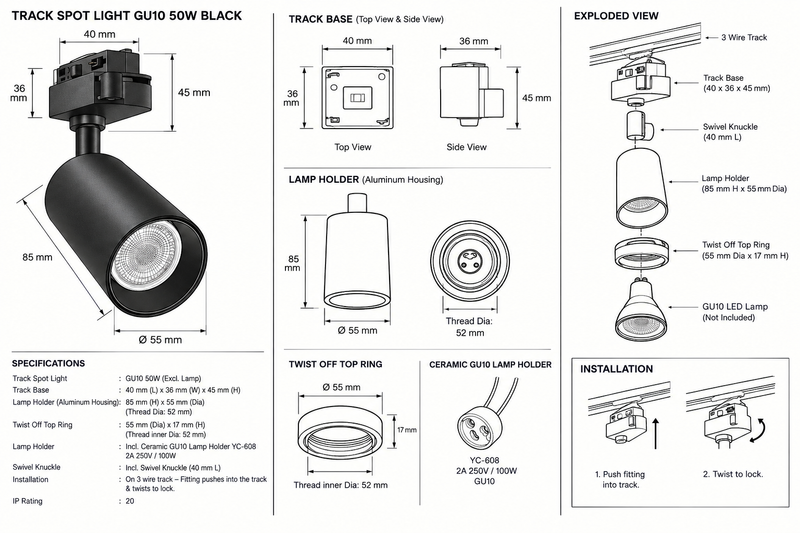 Eurolux-PR607B Track Spot Light GU10 50w Black-Product Dimensions-Mr Smart Lighting Company.
