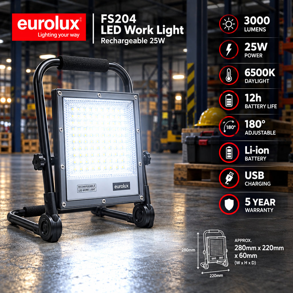 Eurolux-Rechargeable 25W Portable Work-light FS204-IP66-6500K-(2 Years Warranty-Industrial Area-Mr Smart Lighting Company.